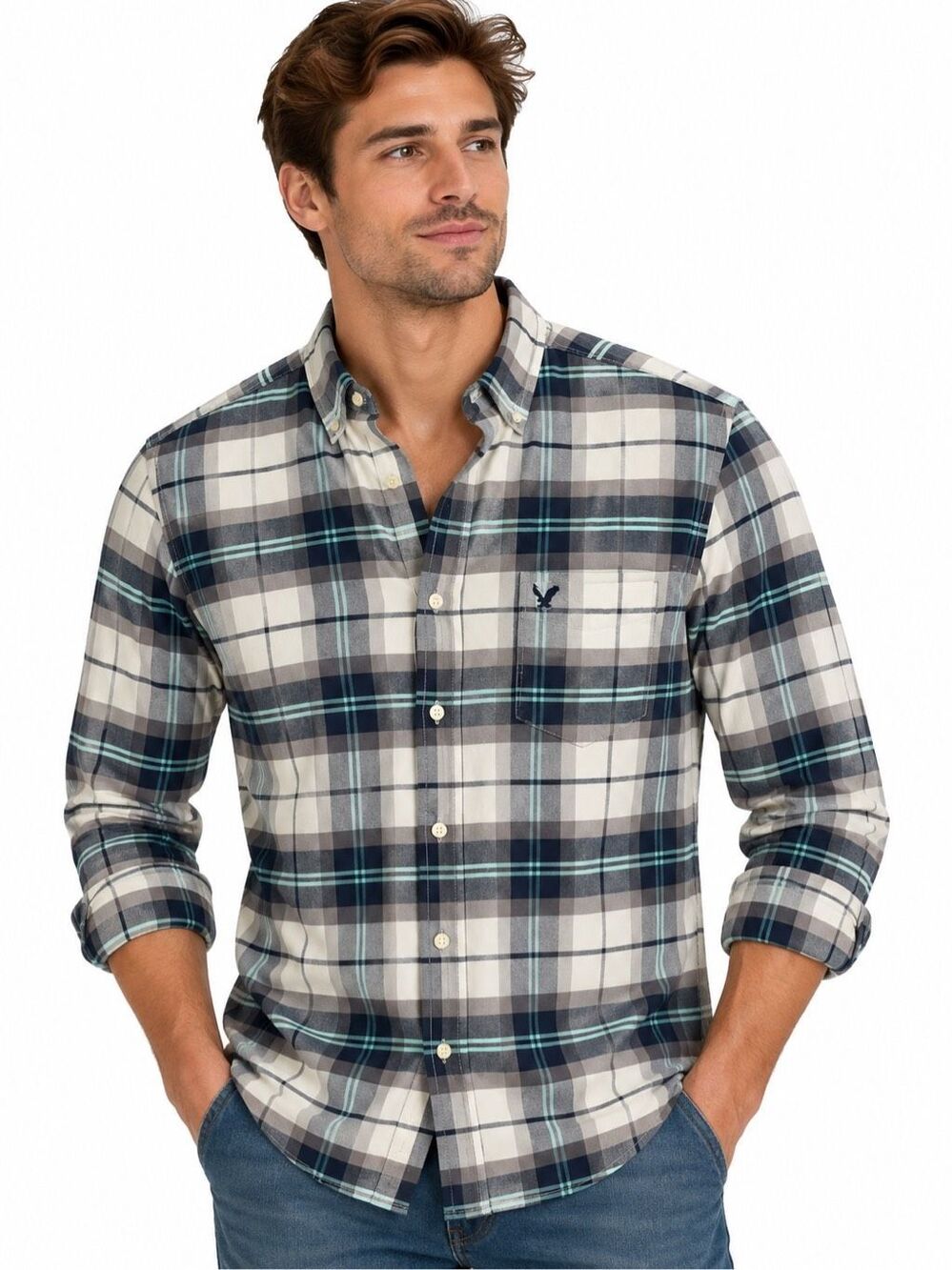 American Eagle Classic Fit Gray Navy Plaid Long Sleeve Button Down Shirt Small